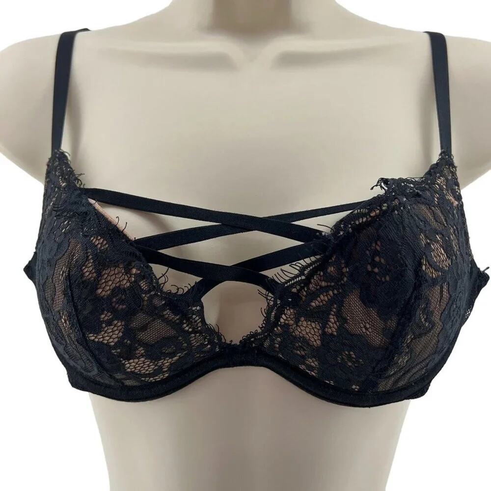 Adore Me Black and Tan Lace Strappy Bra Womens 34A